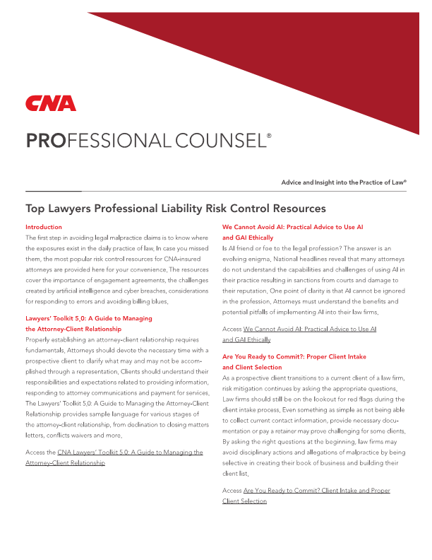 Top Lawyers Professional Liability Risk Control Resources