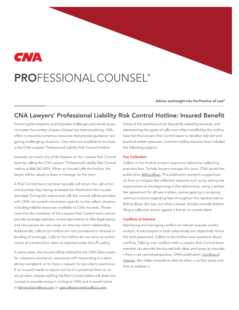 CNA Lawyers’ Professional Liability Risk Control Hotline: Insured Benefit